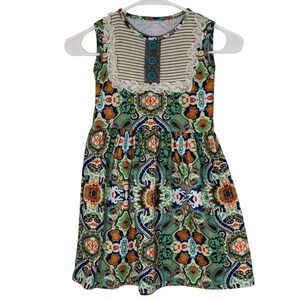 Persnickety Girls Paisley Medallion Lace Trim Sleeveless Dress Green Orange 5Y